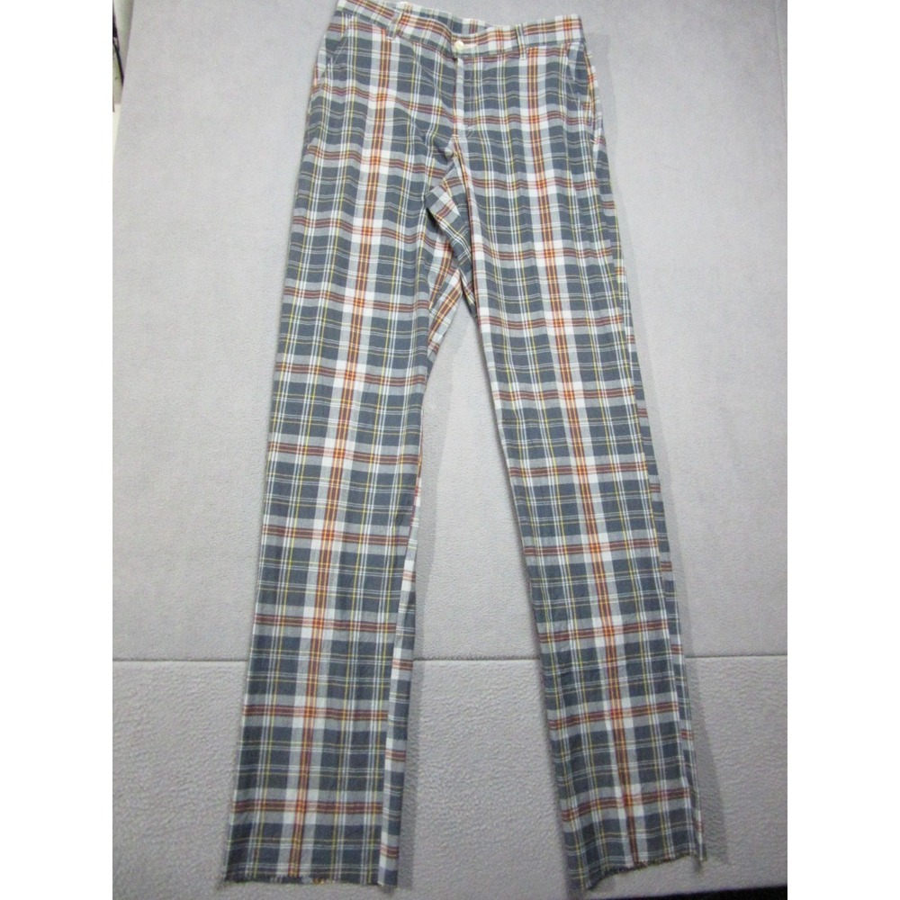 Bills Khakis Pants Mens 32x39.5 Blue Derby Plaid Parker Preppy Raw Hem New USA